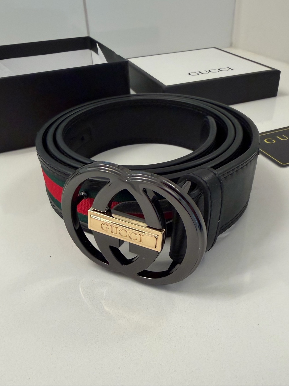 Gucci Black Leather Belt with Red and Green Web and Gold Logo Buckle